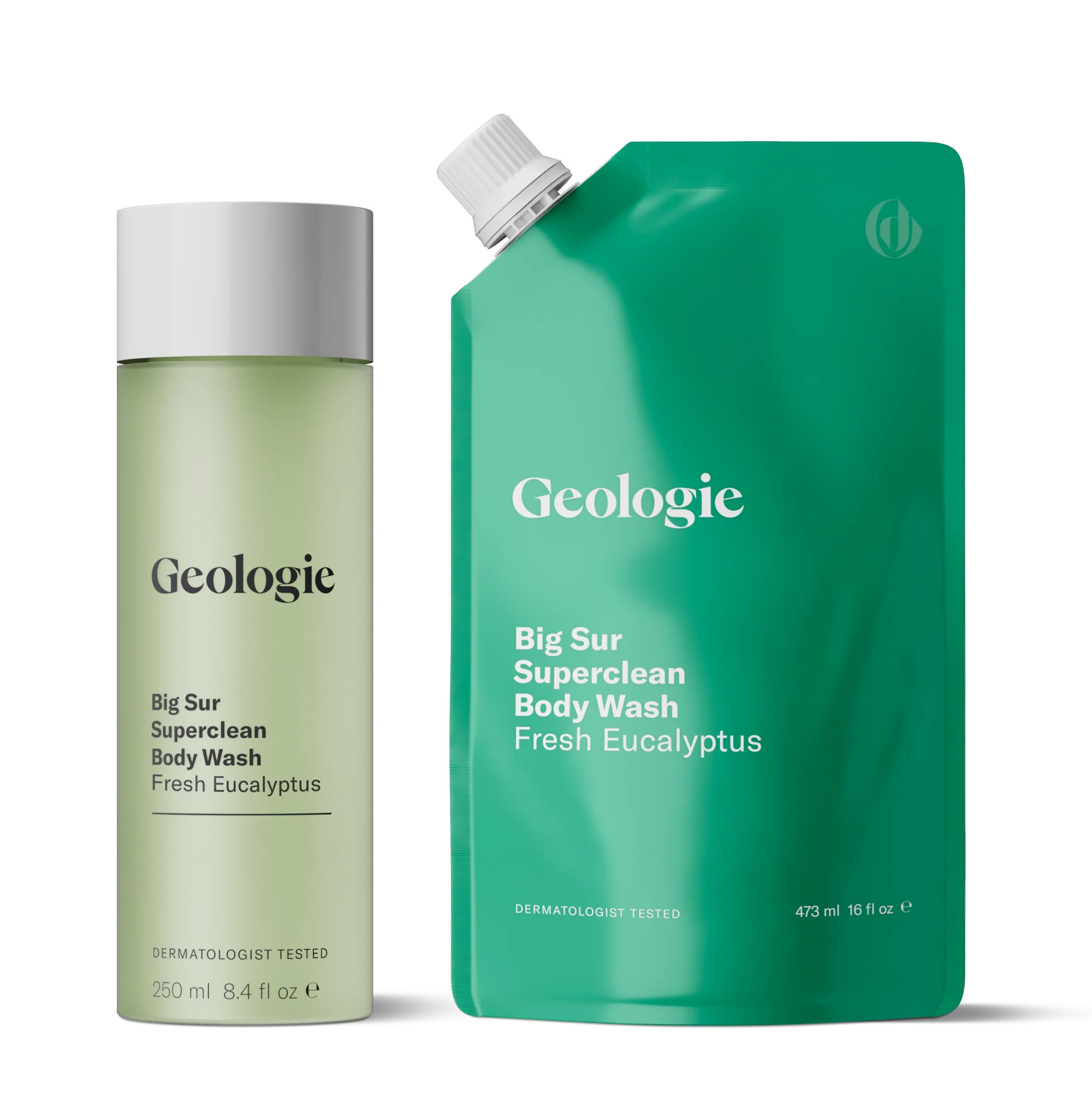 Geologie Fresh Eucalyptus Refillable Body Wash | All-Natural, Eco-Friendly, Vegan, Cruelty Free | 8.4 fl oz Bottle + 16 fl oz Pouch | Geologie
