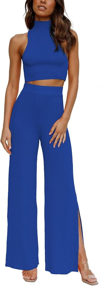 ARTFREE Womens 2 Piece Outfits Sets Casual Sweatsuits Streetwear, Ribbed Knit Palazzo Wide Leg Pa... | Amazon (US)