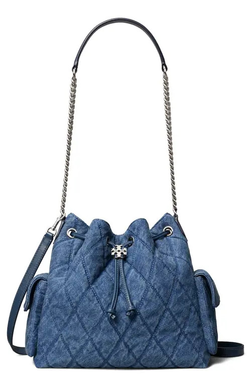 Tory Burch Charlie Quilted Denim Drawstring Shoulder Bag in Blue at Nordstrom | Nordstrom