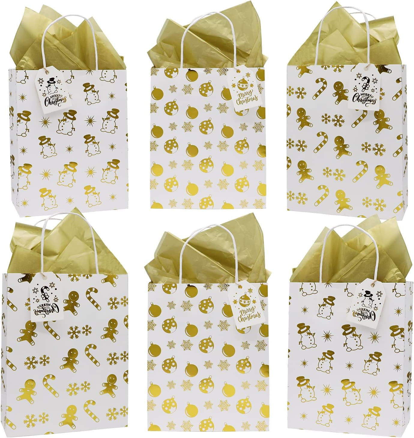 VEYLIN 12 Pack Christmas Gift Bags, Xmas Gold Metallic Design Paper Gift Bags with Tissue Paper a... | Amazon (US)