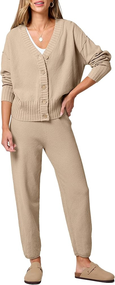 ANRABESS Women 2 Piece Lounge Sets 2025 Fall Outfits Casual Waffle Knit Cardigan Sweater Pant Set... | Amazon (US)