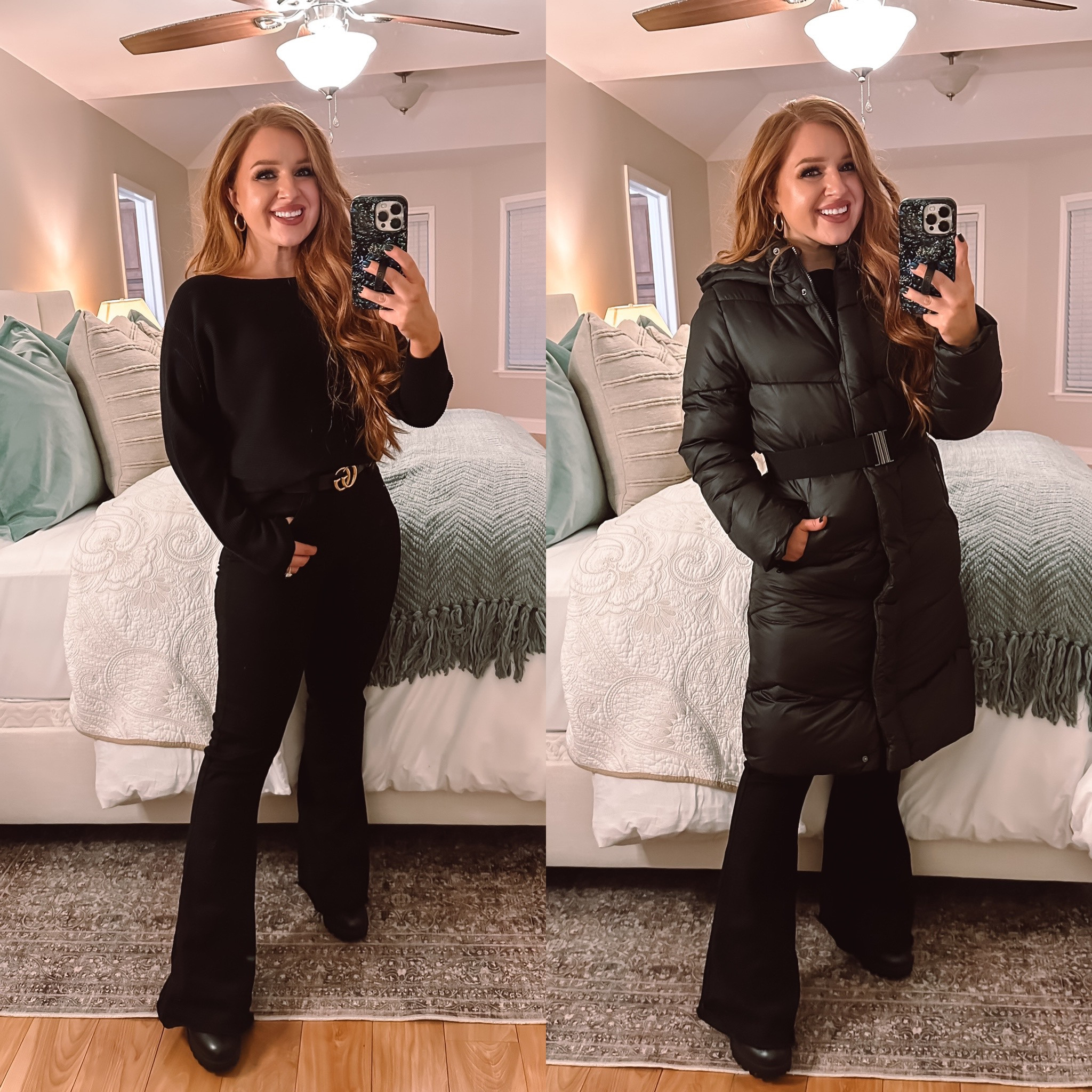 Red dress boutique look! All black outfit! Size medium midi jacket, size 28 black flares, size small black sweater 

#LTKstyletip #LTKSeasonal #LTKHoliday