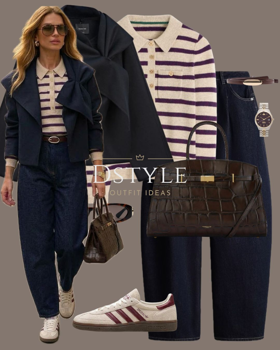 Classic preppy aesthetic featuring a striped polo sweater, structured navy wrap jacket, dark denim, burgundy Adidas Spezials, and a rich brown tote bag. 

 #LTKootd