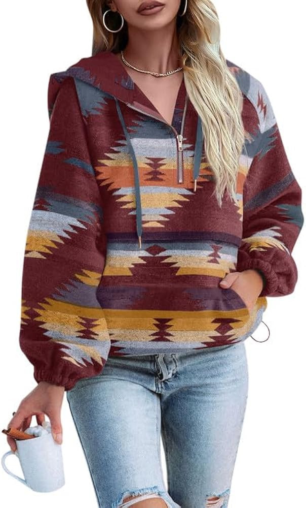 Fessceruna Womens Aztec Half Zip Up Hoodies Sweatshirt Casual Long Sleeve Oversized Ethnic Tribal... | Amazon (US)