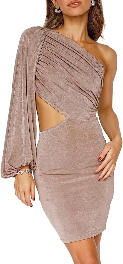 Glamaker Women's One Shoulder Velvet Bodycon Dress Sexy Cut Out Club Cocktail Wedding Mini Dress | Amazon (US)