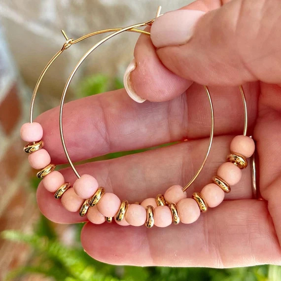 6mm Pink/Blush Wooden Bead Gold Hoops | Etsy (US)