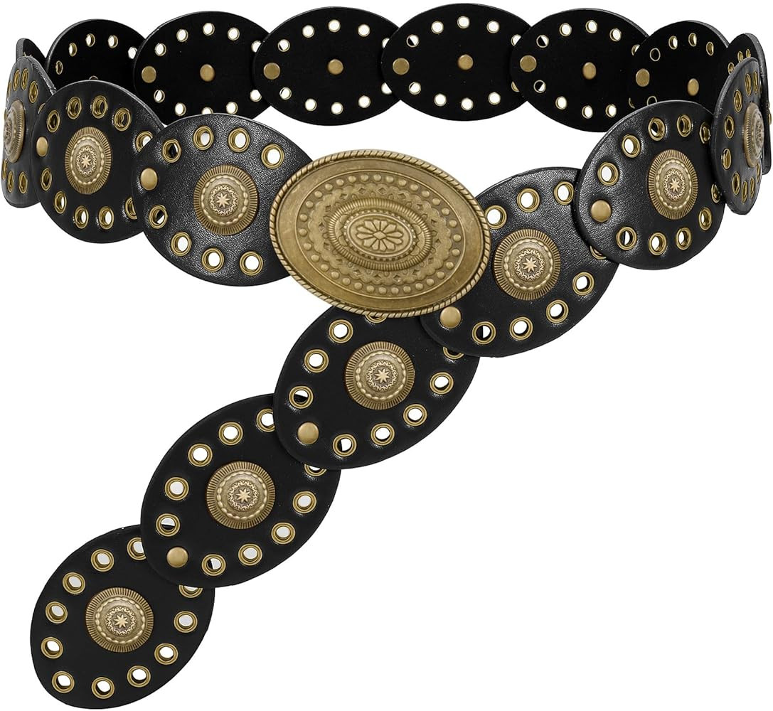 WHIPPY Women Disc Concho Leather Belt Western Cowgirl Hollow Belt Vintage Boho Oval Waist Belt fo... | Amazon (US)