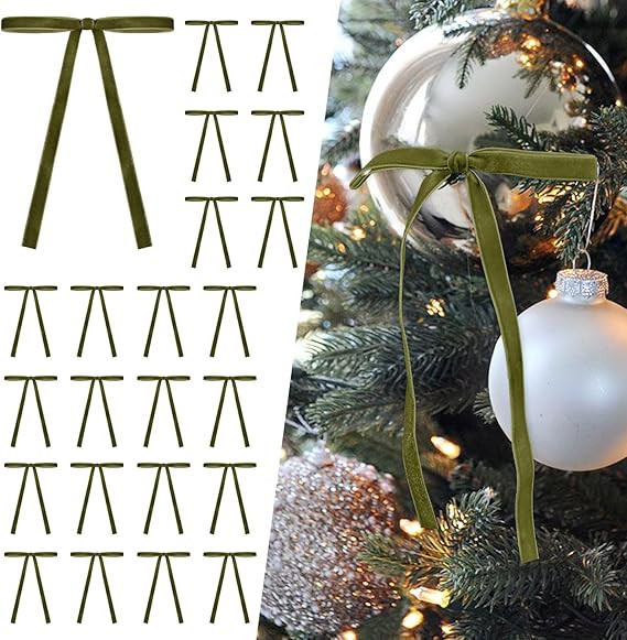 SIMISI RIBBON 24 Pcs Olive Green Velvet Christmas Tree Bows Door Garland Decor Vintage Wreath Bow... | Amazon (US)