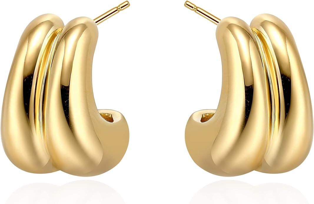 Gold Hoop Earrings for Women Girls 18K Gold Plated Chunky Hoop Earrings Statement Lightweight Thi... | Amazon (US)