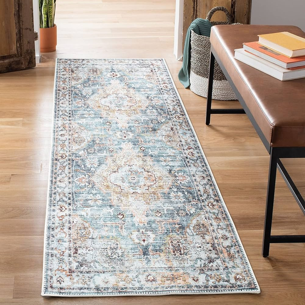 Bloom Rugs Washable Non-Slip 7 ft Runner - Teal/Peach Traditional Persian Runner for Entryway, Ha... | Amazon (US)