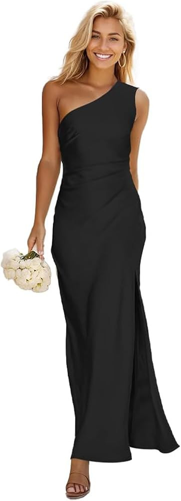 One Shoulder Bridesmaids Dresses Long Satin Mermaid Prom Dress Pleated Formal Party Dress with Sl... | Amazon (US)