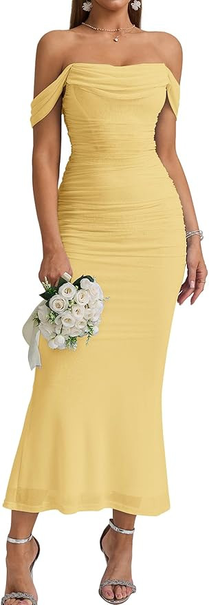 KUTUMAI Off The Shoulder Maxi Long Dress Corset Ruched Bodycon Formal Wedding Guest Dresses for W... | Amazon (US)