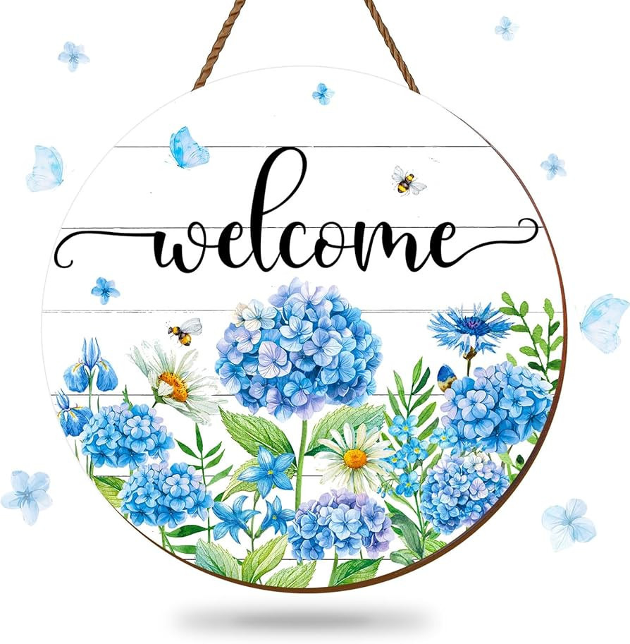 JarThenaAMCS Hydrangea Welcome Door Sign Wooden Floral Hanging Decor Spring Summer Wildflower Wre... | Amazon (US)