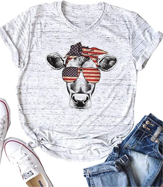 American Flag Cow T Shirt Women USA Flag Stars Stripes Patriotic Tee Top Shirt Short Sleeve Graph... | Amazon (US)