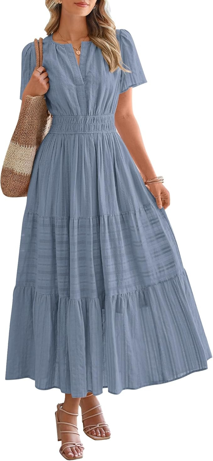 BTFBM Womens Summer 2025 Casual Midi Maxi Dresses Lightweight Short Sleeve V Neck Elastic Waist B... | Amazon (US)