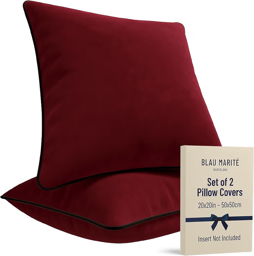 2 Pack Velvet Decorative Throw Pillow Covers, 20"x20", Burgundy, Solid, Modern, Contrast Piping, ... | Amazon (US)