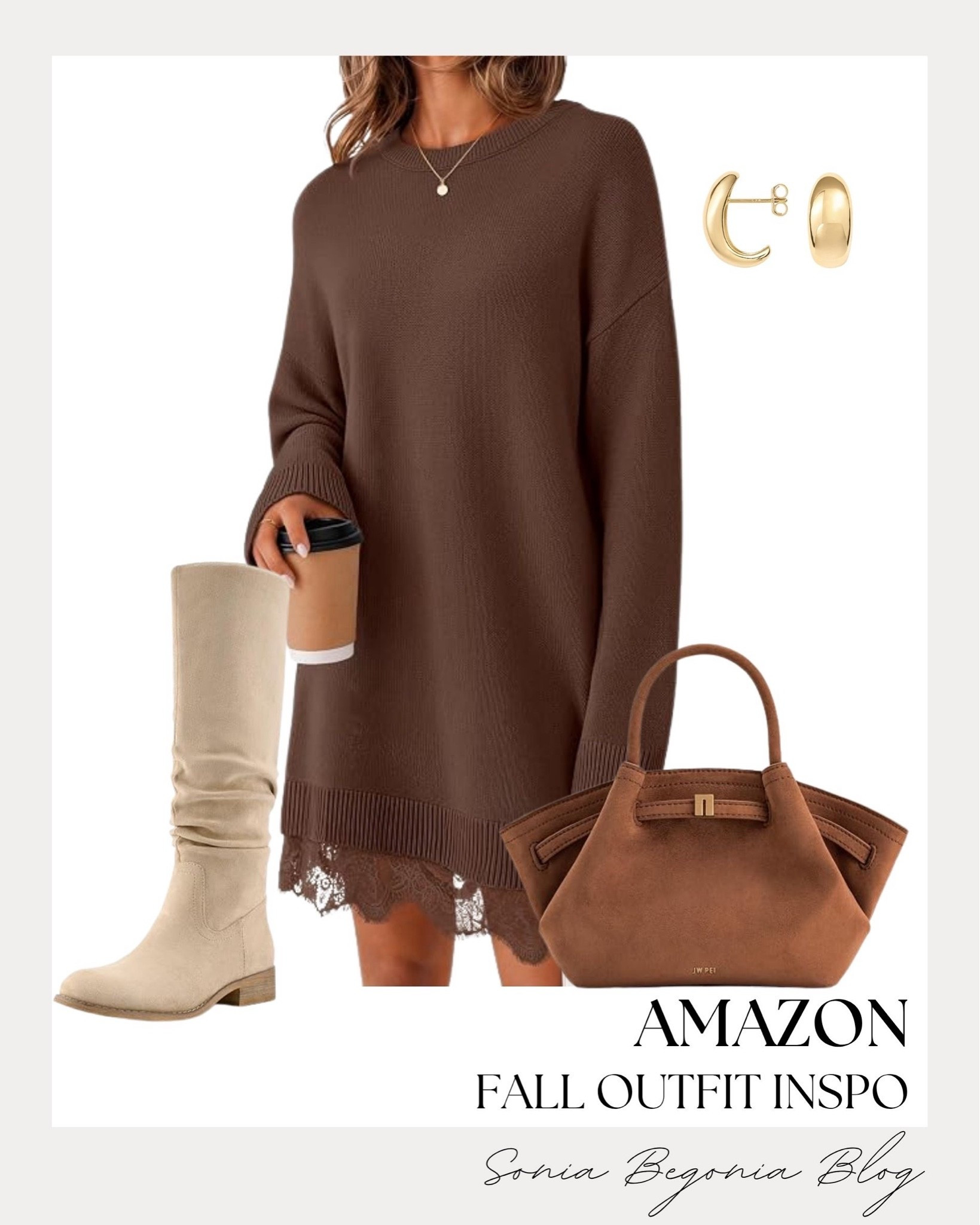 Cozy fall style! 🍂 I styled an oversized brown sweater dress featuring a delicate lace-trim hem for a soft, elevated look.
I paired it with slouchy cream knee-high boots, a warm brown suede handbag, and simple gold jewelry to complete this autumn outfit. ☕✨
@amazonfindsandfashion