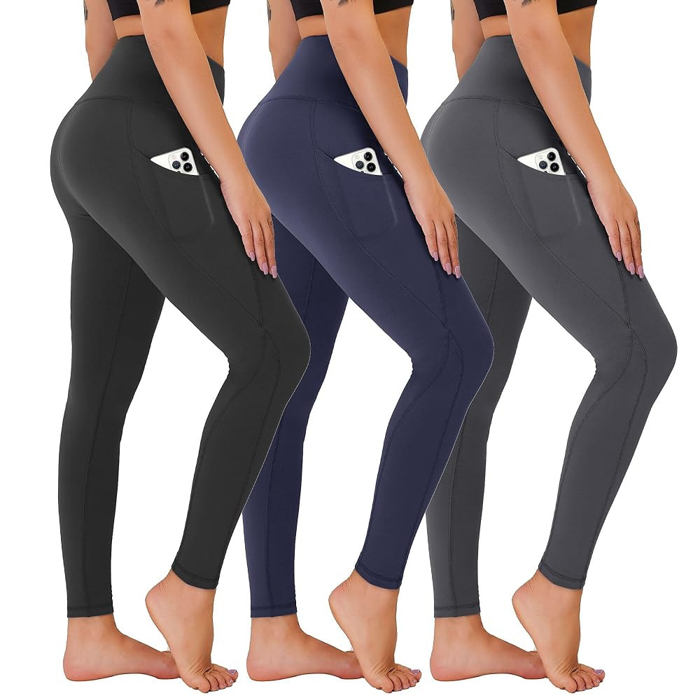 3 Pack Yoga Pants with Pockets for Women, Tummy Control Black Compression Gym Workout Leggings | Amazon (US)