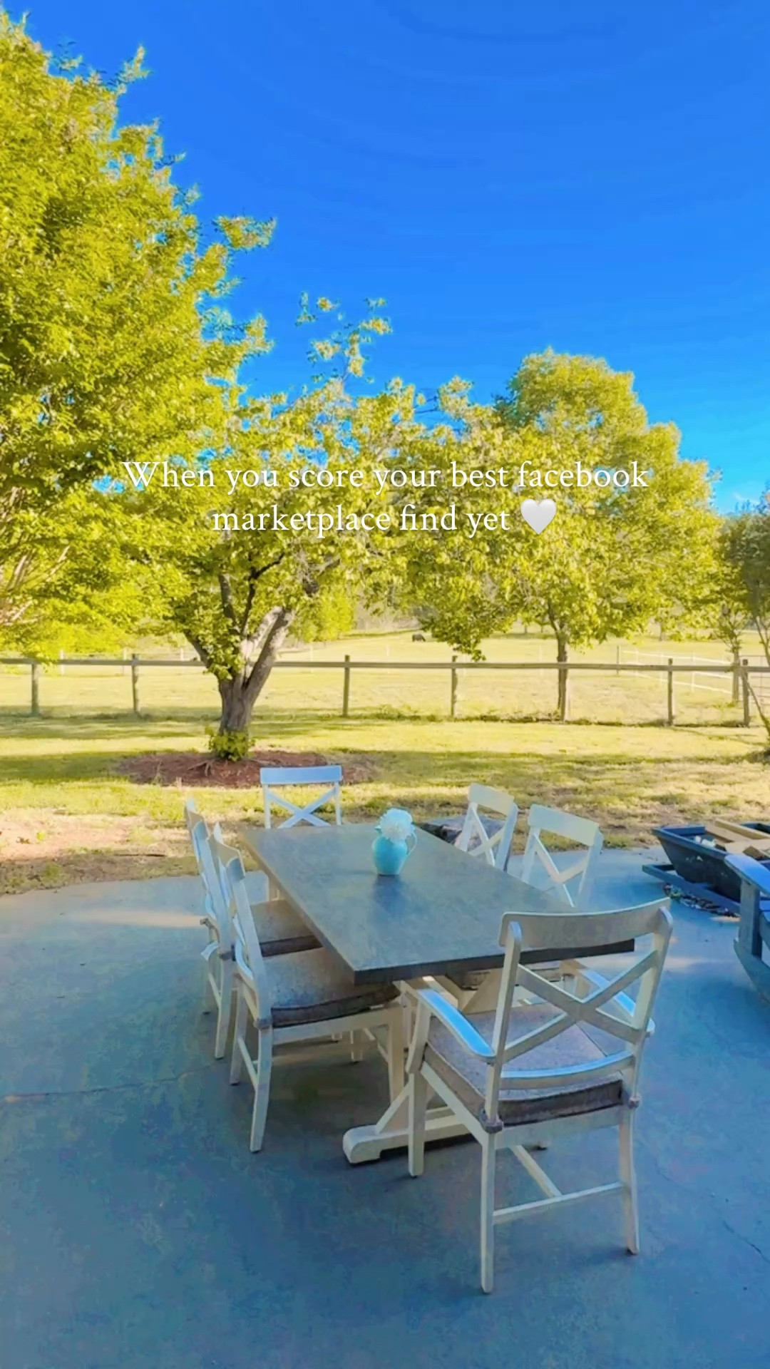 Woke up to see our latest fb marketplace 🏷️ find in the morning light 🌞 (before we headed out to our weekly bible study 📖 group & preschool class 💒 for J!) and I just can’t get over how beautiful 😍 she is, y’all!! 🤭 Sound on 🔔 for the dreamiest morning sounds 🐦 here!! 🥰 I’ve been searching for the perfect patio table for our backyard here on the farm 🚜 and she even matches our chicken coop with the dark brown 🤎 top and antique white 🤍 chairs!! 🪑 And the horse 🐴 in the pasture 🌳  view 🌾 is just the cherry 🍒 on top!!! #marketplacefind 
#favoritefbmarketplacefind #obsessed #backyardtable 

I truly couldn’t love it more 😍 - and it’s made of aluminum 🩶 so perfect for outside!! 🌳🙌🏽 I just can’t get over it!!! 🥰🫶🏽🌻🌾 #bringonsummernights

#LTKHome