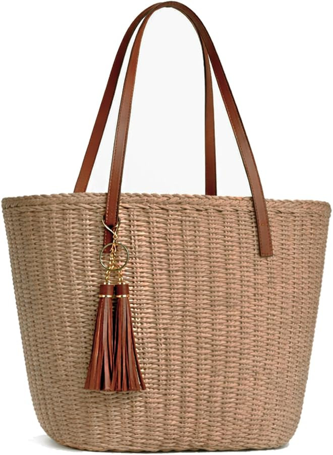 Large Straw Tote Bag for Women Summer Woven Beach Shoulder Handbag Travel Vacation Hobo Purse wit... | Amazon (US)
