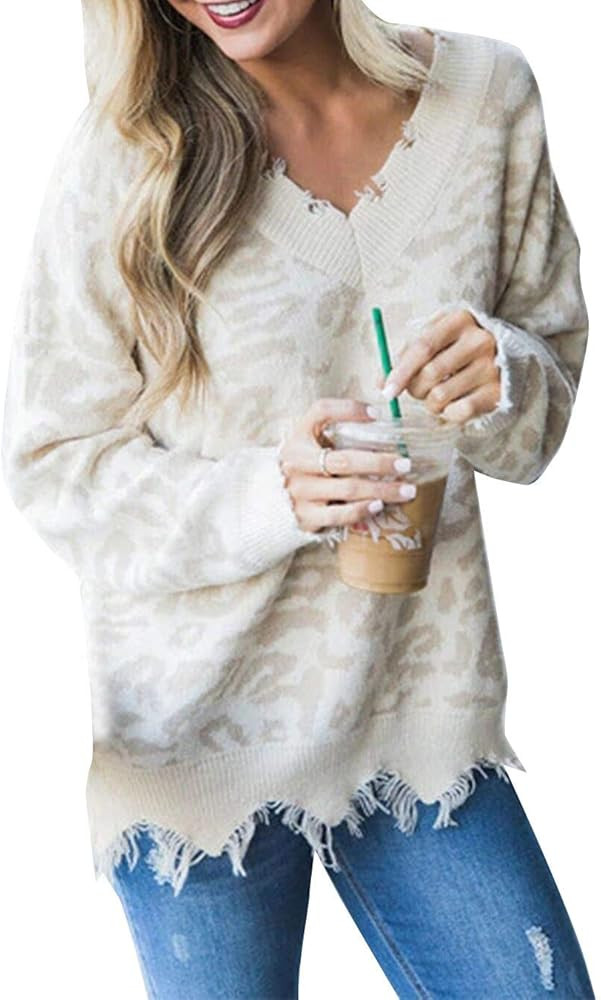 LEANI Women's Loose Knitted Sweater Long Sleeve V-Neck Ripped Pullover Sweaters Crop Top Knit Jum... | Amazon (US)