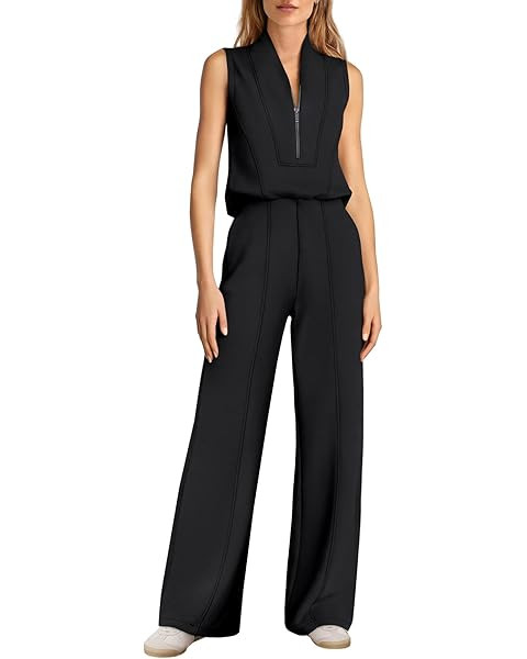 SENSERISE Womens Summer Jumpsuit Dressy Casual Short Sleeve One Piece Jumpsuit Wide Leg Half Zip ... | Amazon (US)