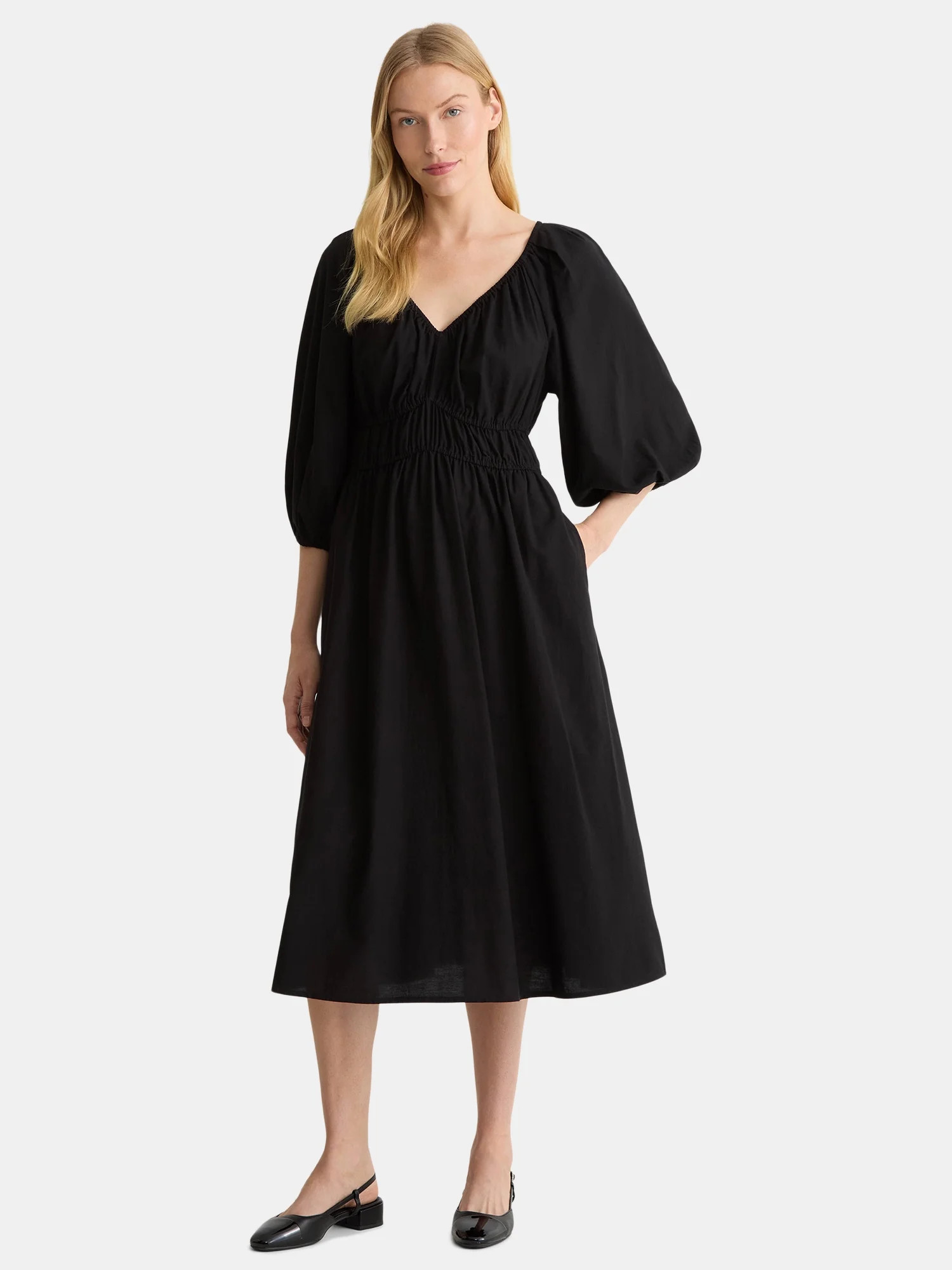 Time And Tru Women's Cinch Waist Midi Dress with Puff Sleeves, Sizes XS-XXXL | Walmart (US)