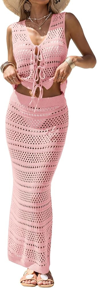 Fisoew Womens Summer Crochet Swim Cover Up 2 Piece Sleeveless Front Tie Crop Tops Beach Maxi Skir... | Amazon (US)