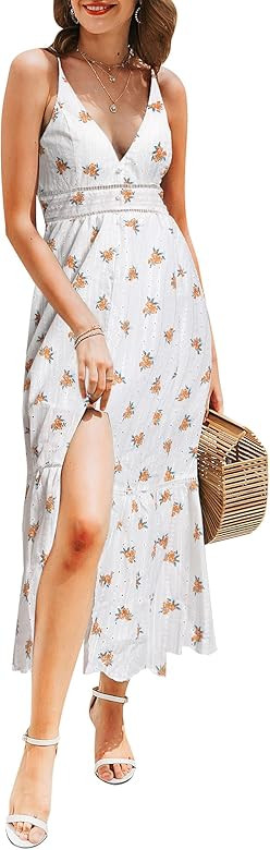 BerryGo Women's Embroidery Pearl Button Down Dress V Neck Spaghetti Strap Maxi Dress | Amazon (US)