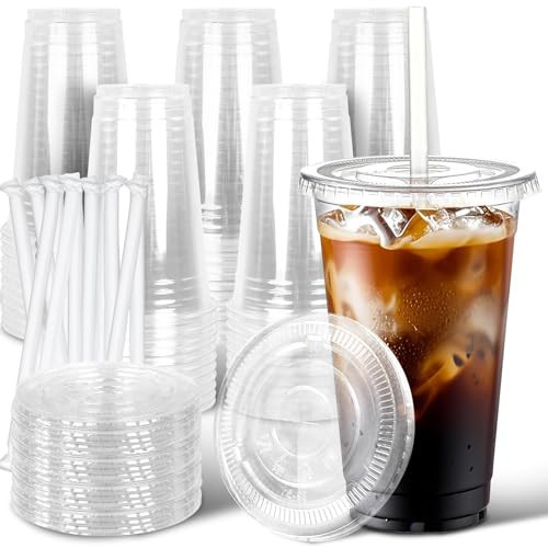 Ginkgo 50 Pack 20 oz Plastic Iced Coffee Cups with Lids and Straws, Clear Disposable To Go Cups for Coffee, Cold Drinks, Smoothie and Coffee Bar Accessories | Amazon (US)