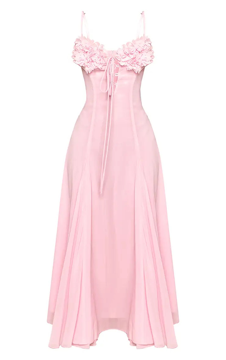 Petite Baby Pink Floral Bust Tie Front Chiffon Godet Maxi Dress | PrettyLittleThing UK