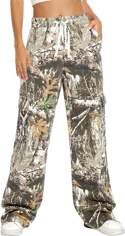 HVEPUO Camo Pants Women High Waisted Wide Leg Casual Y2K Camoflage Cargo Pants Baggy Elastic Wais... | Amazon (US)
