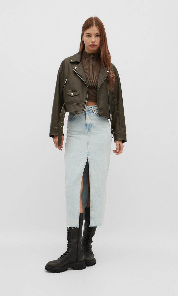 Long straight fit denim skirt with a front slit and seamless hem. Featuring a high waist, comfort... | Stradivarius (UK)