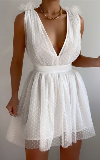 Mariabella Mini Dress - Tulle Plunge Dress in White | Showpo (US, UK & Europe)