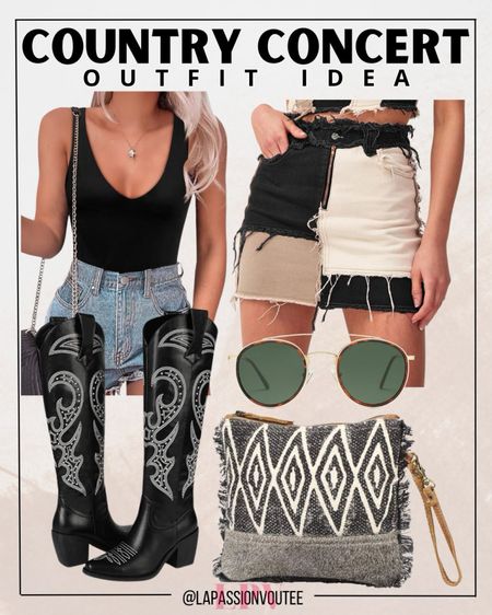 Rock the country concert in style with a deep V-neck bodysuit, color block denim skirt, and cowgirl boots. Complete the look with a chic leather pouch bag. Perfect for dancing the night away with a touch of rustic charm and modern flair!

#LTKFestival #LTKFindsUnder100 #LTKStyleTip