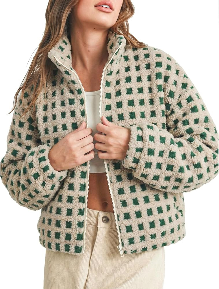 Women’s Green Checkered Sherpa Fleece Jacket - Warm Plaid Teddy Coat, Zip Up Winter Fuzzy Outer... | Amazon (US)