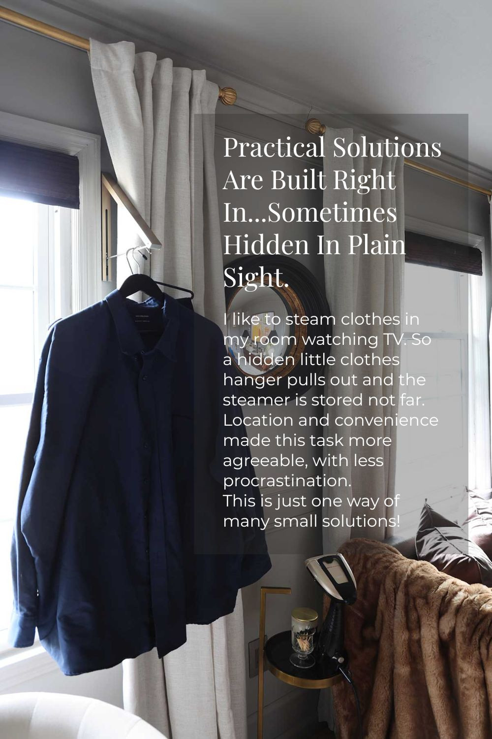 Hidden hooks are a great practical solution for so many household tasks! | A clothing rack tucked away behind a curtain so you can't see it, but is easy to pull out when needed. Great for steaming clothes. 

 #LTKHome