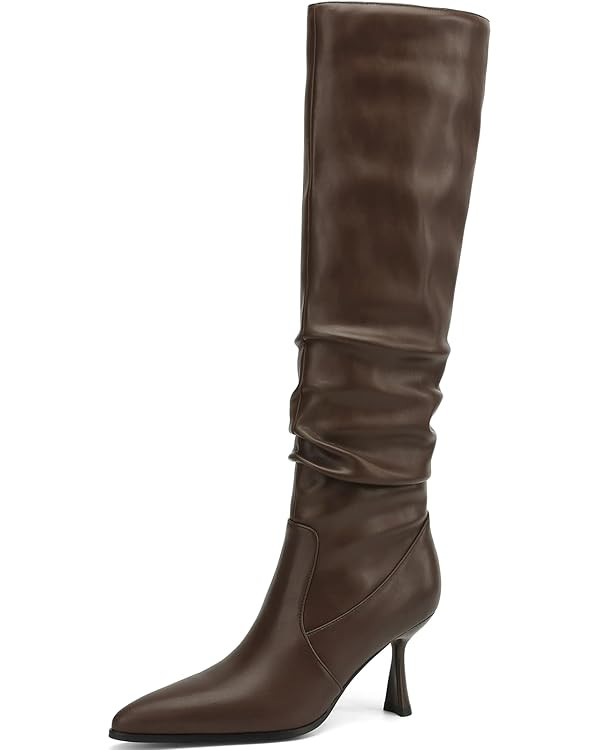 Knee High Boots Women Kitten High Heel Faux Leather Pointed Toe Slouchy Long Boots Fashion Dress ... | Amazon (US)