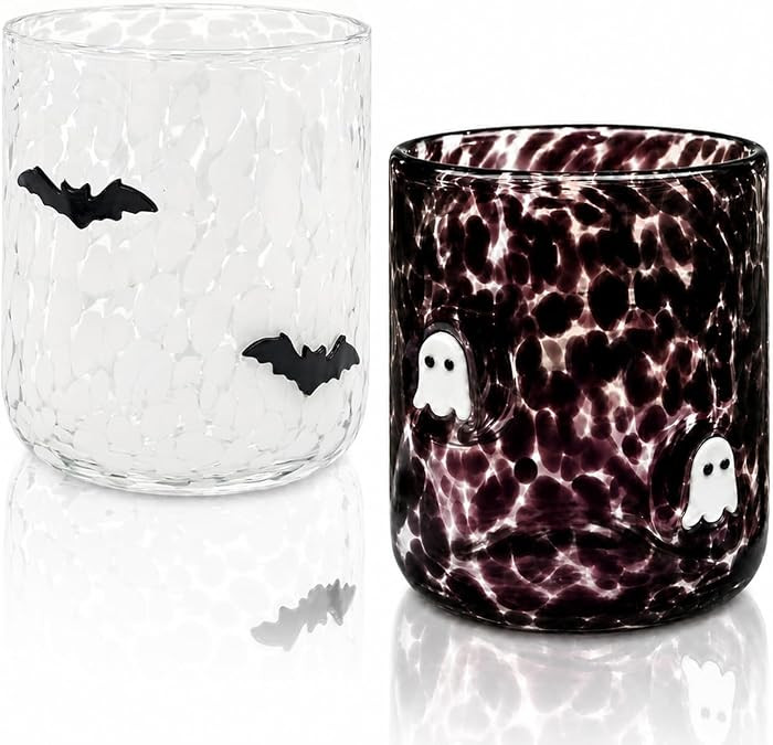 2 Pcs Halloween Icon Glass Cups - 16oz Ghost & Bat Icon Juice Glass Old Fashioned Hand Blown Cute... | Amazon (US)