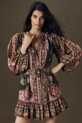 Farm Rio Belted Puff-Sleeve Mini Dress | Anthropologie (US)