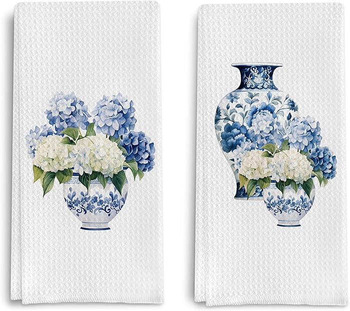 Blue and White Porcelain Chinoiserie Kitchen Towels Set of 2, Hydrangea Floral Dish Towels Tea To... | Amazon (US)