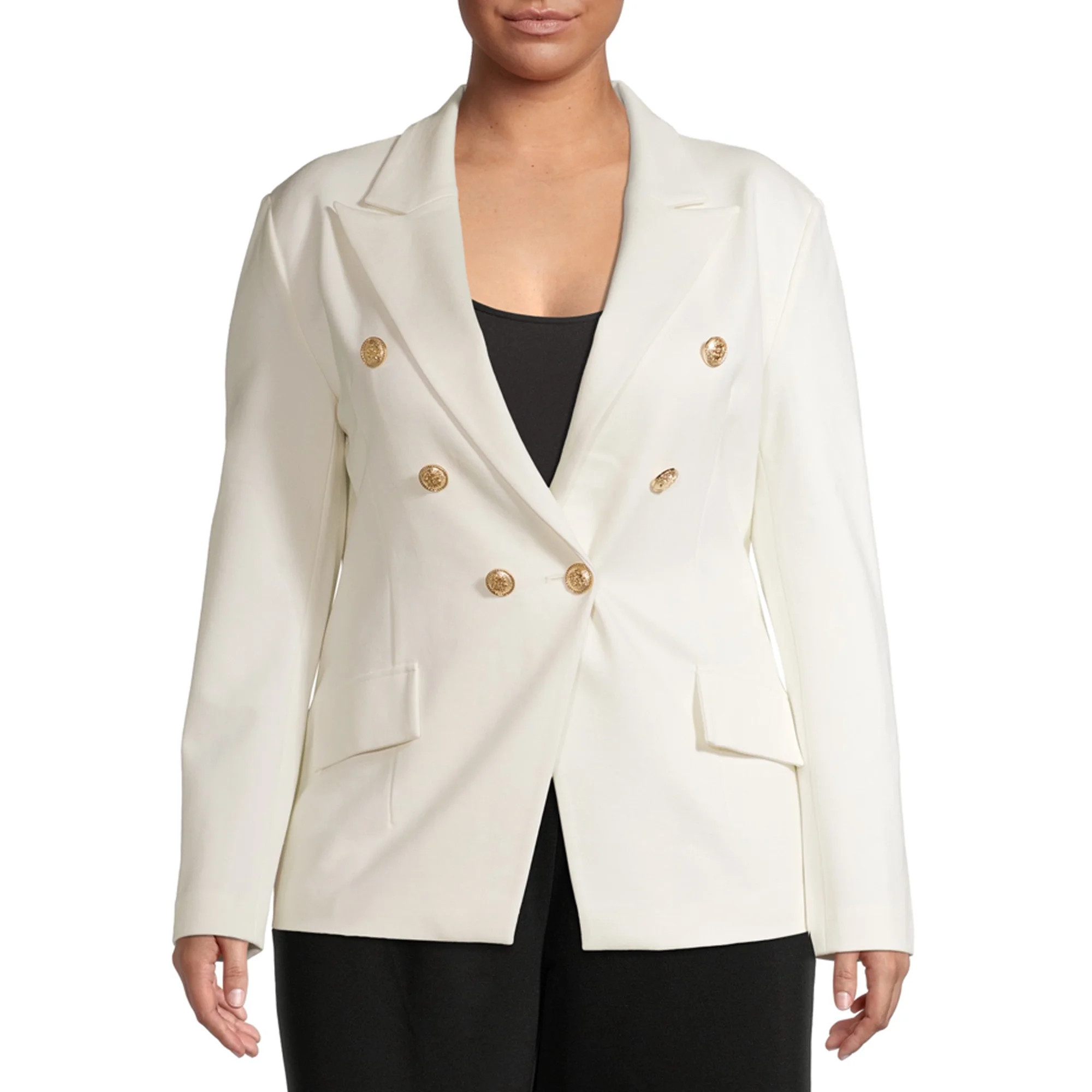 Attitude Unknown Women's Plus Size Double Breasted Ponte Blazer | Walmart (US)