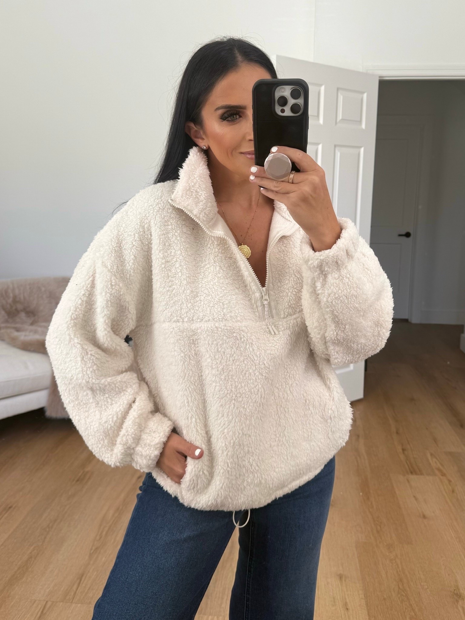 Walmart beige Sherpa fleece no boundries plush half zip pullover wearing size large only $10. Comes in ten colors 