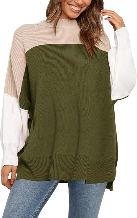 ZESICA Women's Color Block Sweater Crewneck Long Sleeve Casual Loose Knitted Pullover Jumper Tops | Amazon (US)