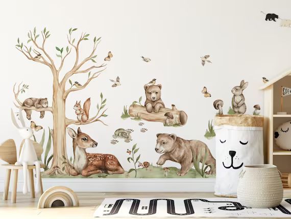 Wald-Aufkleber für Kinder Wand große Größe XXL Teddybär, Hirsch, Kaninchen, Wald | Etsy (DE)