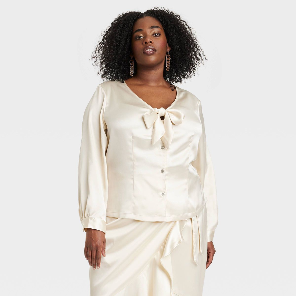 Black History Month Women's Long Sleeve House of Aama Satin Wrap Shirt - Ivory | Target