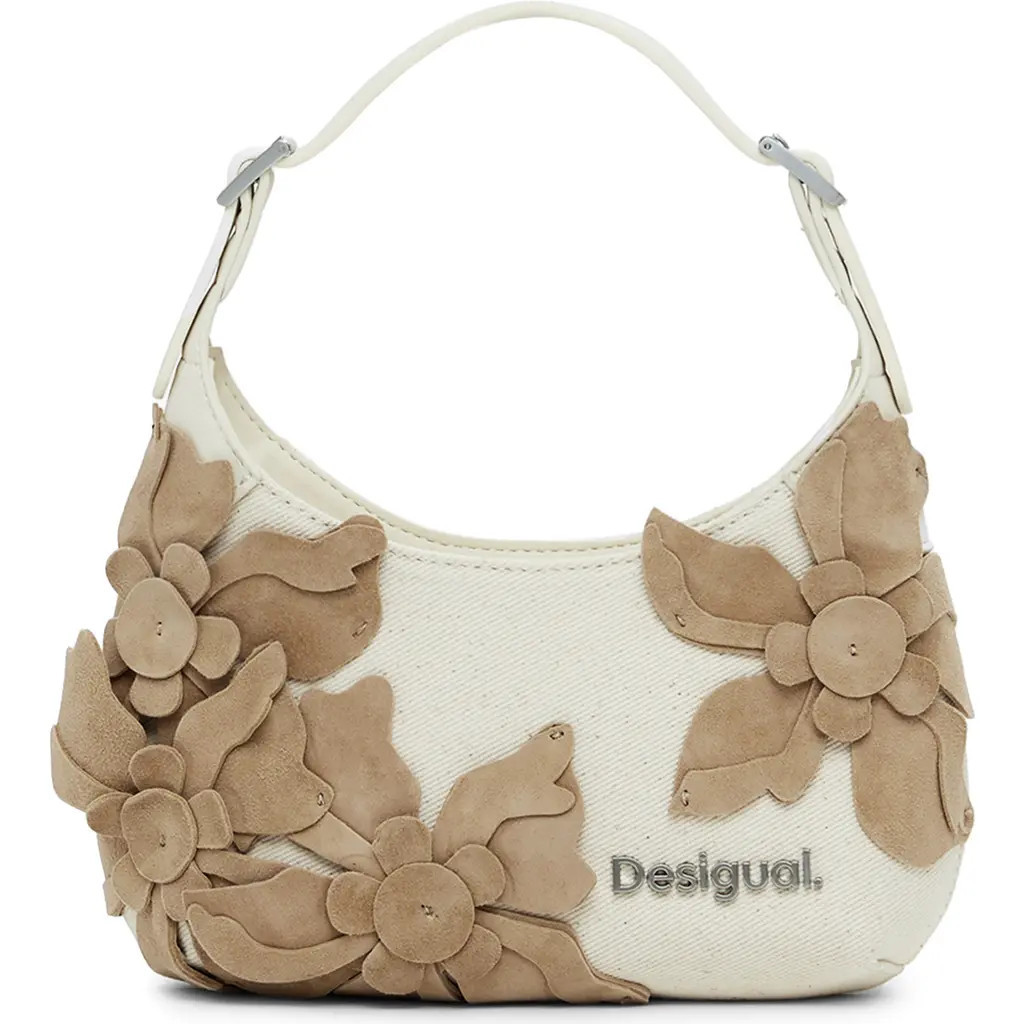Desigual Medium Flower Appliqué Shoulder Bag in Light Beige at Nordstrom | Nordstrom