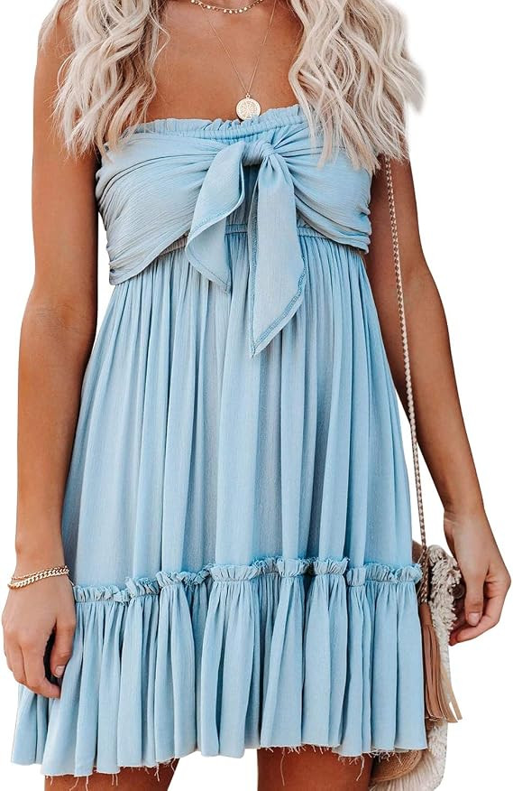 R.Vivimos Women's Summer Cotton Boho Beach Sleeveless Tie Front Mini Dress Tube Top Dress | Amazon (US)