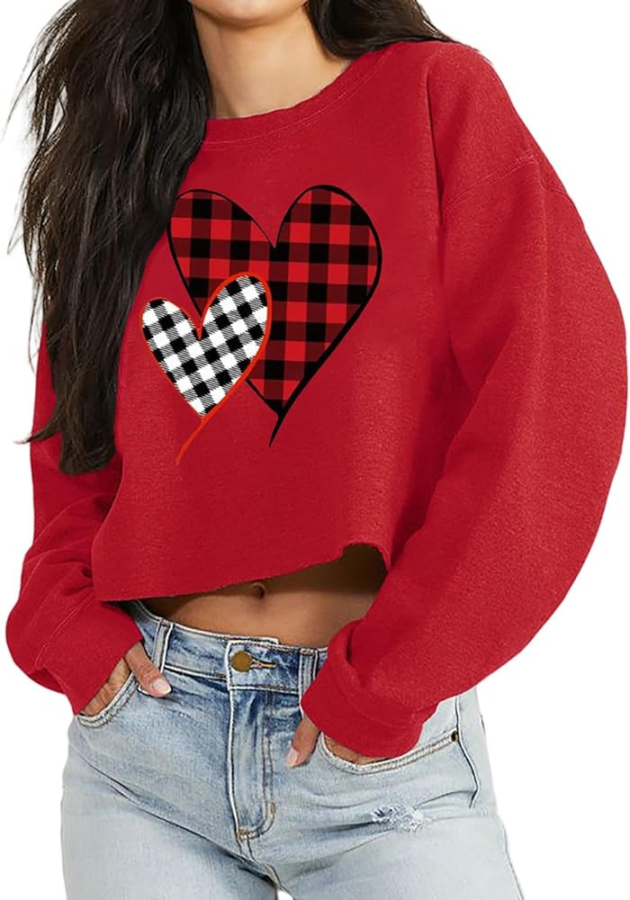 Valentines Crop Tops for Women Funny Heart Graphic Valentine Shirts Cropped Long Sleeve Valentine... | Amazon (US)