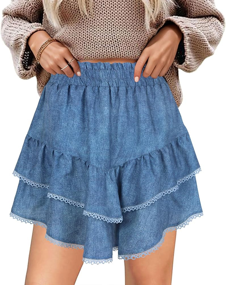 GOOBGS Flowy Shorts for Women High Waisted Lace Skort Trim Trendy Crochet Skirt Tennis Short | Amazon (US)